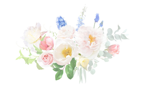 Bright floral vector design bouquet. Coral pink tulips, white peony, pink rose, daffodil, muscari, delphinium, hyacinth, eucalyptus, greenery and plants. Flowers and branches are isolated and movable.