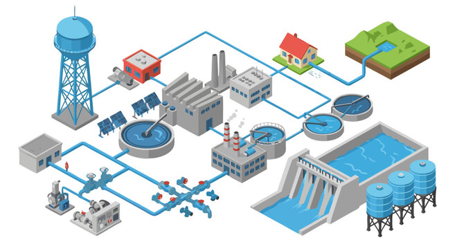 Isometric Water Treatment Plant Infrastructure Vector Illustration Design Featuring Industrial Purification Process and Distribution Systems EPS