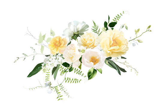 Butter yellow rose, white peony, hydrangea, green hellebores, white lilac, eucalyptus, sage greenery vector design wedding spring bouquet. Floral summer watercolor. Elements are isolated and editable