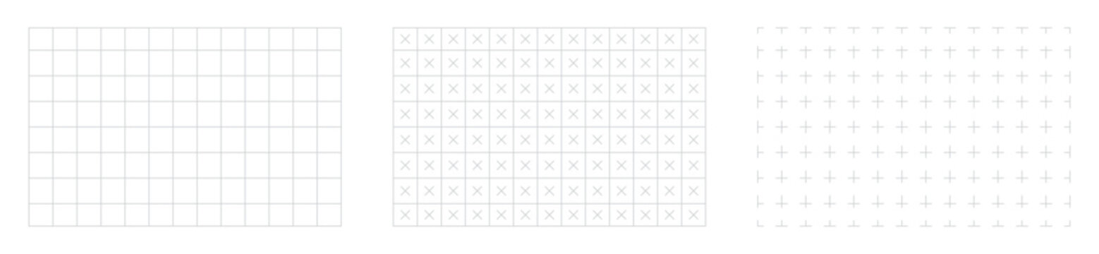 Grid pattern collection featuring square, cross, and plus layouts for templates, guides, wireframes, backgrounds, user interface design and geometric composition.