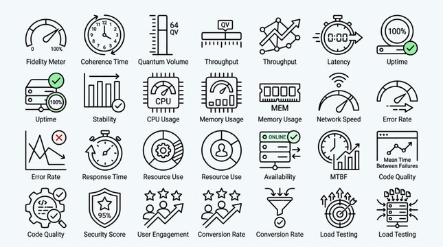 Performance metrics and operational indicators icon set linear style for business analytics and system monitoring vector.