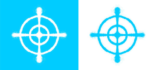 Cyan interface symbol options featuring bright cyan and white color palettes. Circular crosshair target marks for sniper shooting weapon sight and digital gaming interface layout clip art. © dirtyfellas