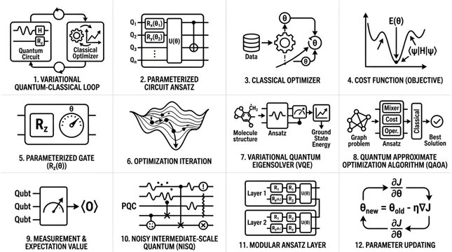 Quantum computing algorithms icons set variational quantum classical loop parameterized circuit ansatz cost function optimization iteration measurement expectation value.