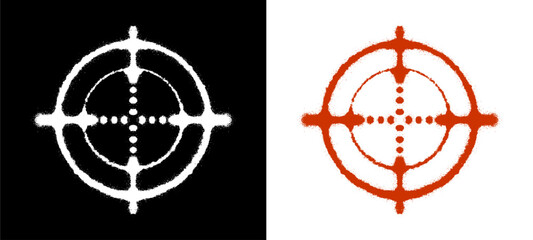 Reticle scope symbol options with white and red color combinations. Circular crosshair target marks for sniper shooting focus goal and digital gaming interface design clip art. © dirtyfellas