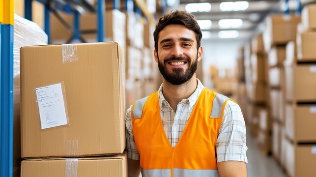 A smiling warehouse worker meticulously organizing packages,