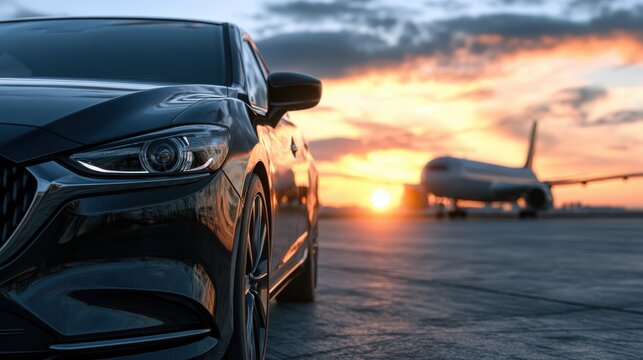 A sleek black car is parked on an airport runway at sunset, with an airplane in the background under a colorful sky.