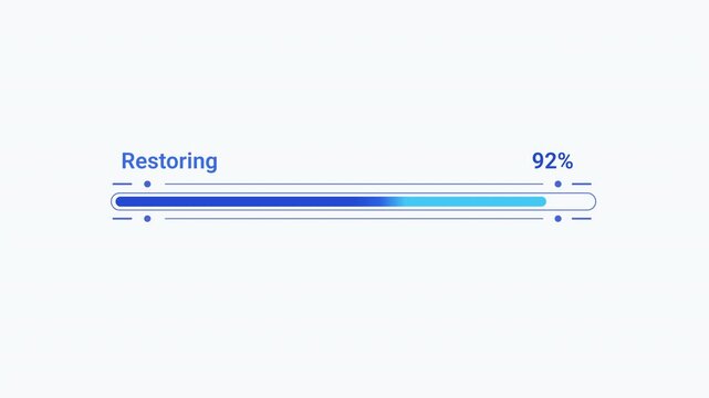 Flat vector illustration of a modern restoring progress bar with percentage indicator, representing data recovery, system restoration, software progress, and digital workflow.
