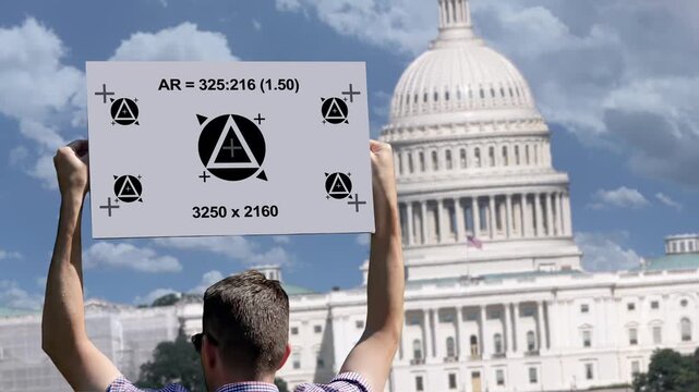 Rear view of a protester holding a motion tracking sign in front of the United States Capitol, allowing replacement with custom messages during post-production. 15231  