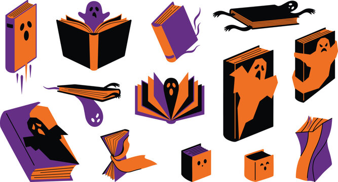 Spooky Halloween haunted book vector set featuring purple orange and black ghost stories icons isolated on white background