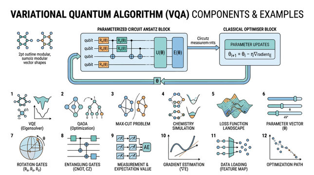 Variational quantum algorithm vqa components and examples including parameterized circuit ansatz block and classical optimiser block.