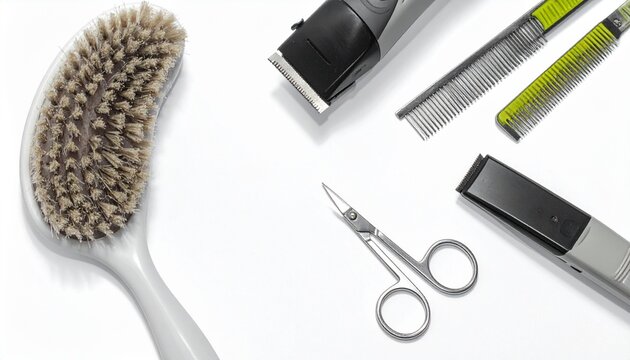 Pet grooming tools set (brush, clipper, nail trimmer), white background.