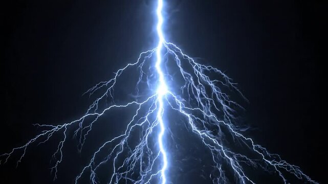 Powerful blue lightning bolt striking down through a dark night sky with electric branches and intense energy, featuring negative space for text placement