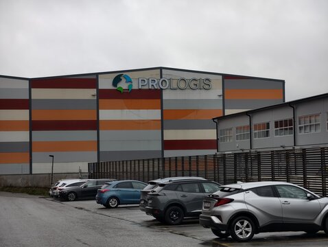 Stockholm, Sweden-Nov.28th 2025: Exterior view of a modern Prologis logistics warehouse