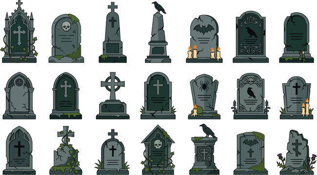 Illustration of Collection of old gravestones and tombstones with crosses and birds on white background.