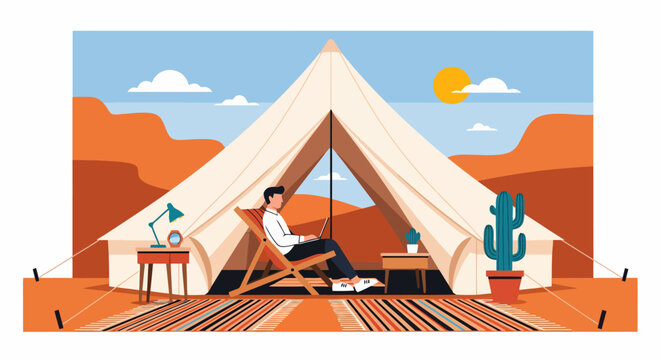 Person relaxing on a deck chair outside a luxury glamping tent in nature
