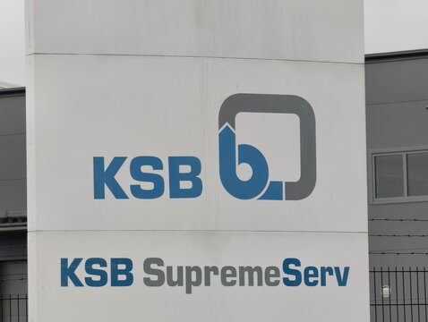Stockholm, Sweden-Nov.28th 2025: Close-up of corporate brand logo sign for KSB SupremeServ.
