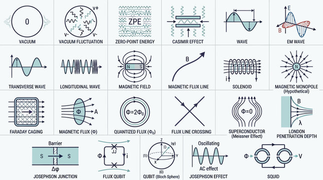 Collection of quantum and physics icons showing vacuum states waves magnetic fields flux lines superconducting circuits josephson junctions and quantum information theory.