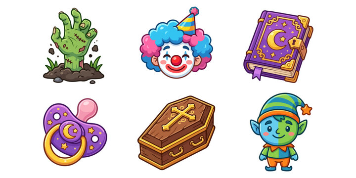 Halloween themed cartoon illustrations including zombie hand clown book pacifier coffin and elf