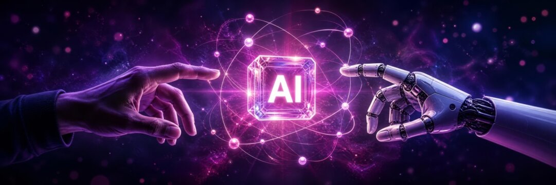 Human and robot hands reaching for AI cube in cosmic network