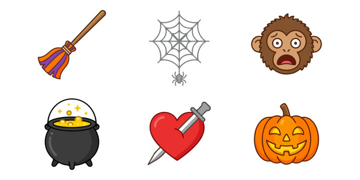 Halloween icons including broom spider web monkey mask cauldron heart with dagger and jack o lantern