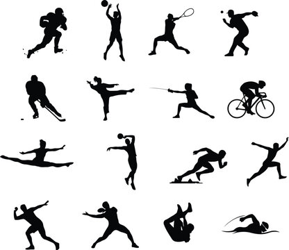 Sports Athlete Silhouette Collection with Running Cycling Ball Games Martial Arts Swimming and Gymnastics Vector Set
