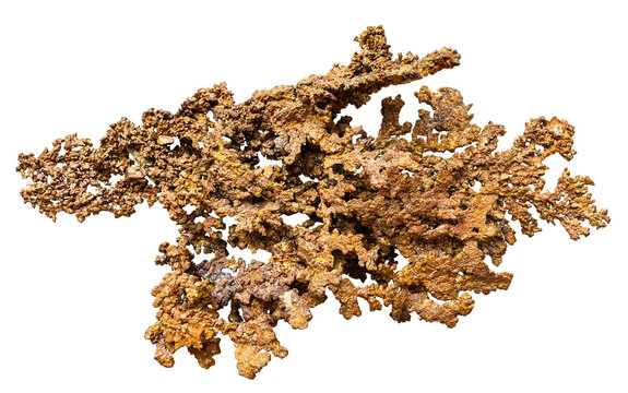 specimen of mineral from geological collection - unworked crystalline native copper isolated on white background