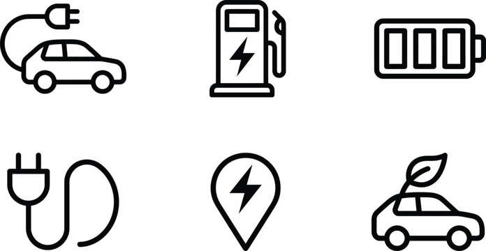 Electric Vehicle Charging and Clean Energy Outline Icon Collection