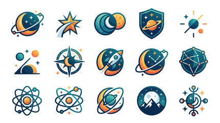 Dynamic Colorful Space Themed Icons Set with Planets Stars Rockets and Scientific Elements in Blue Orange and Teal © Guling