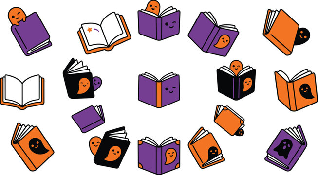 Cute Halloween haunted book frame vector border with purple orange and black spooky ghost characters on white background