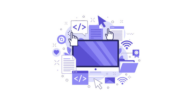 Web Development and Software Engineering Flat Illustration - Computer Monitor with Coding, Internet, and Digital Communication Icons in Purple