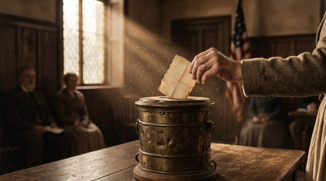 Hand casting ballot into antique voting box in sunlit room, historical election concept
