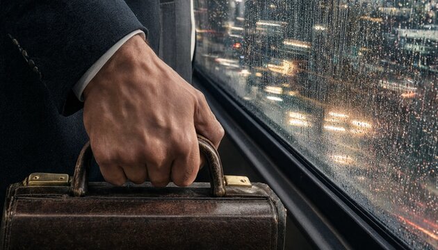 Close Up of Businessman Hand Holding Briefcase by Window on Rainy Commute, RTO Stress and Transit Anxiety

