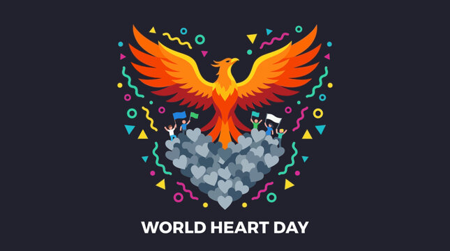 World Heart Day Celebration with Phoenix Symbol and Heart Shape Design