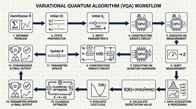 Variational quantum algorithm workflow diagram showing steps from problem definition to state preparation input parameters ansatz circuit execution measurement and optimization.