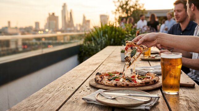 A delicious slice of cheesy pizza being lifted from a whole pizza on a wooden table with a glass of golden beer and blurred city skyline at sunset