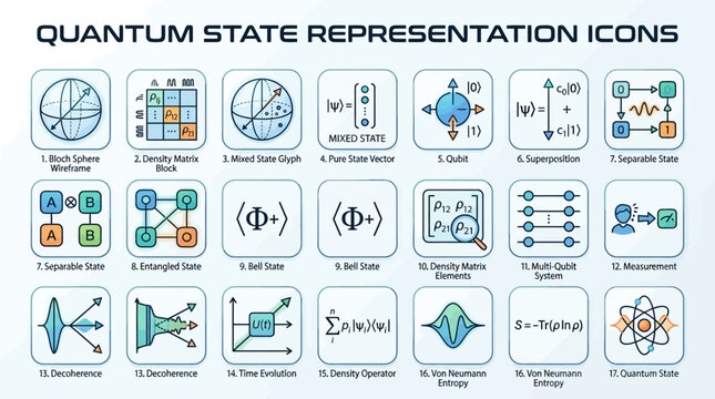 Quantum representation icons collection showing bloch spheres density matrix blocks state vectors entanglement superposition decoherence and measurement for advanced physics.