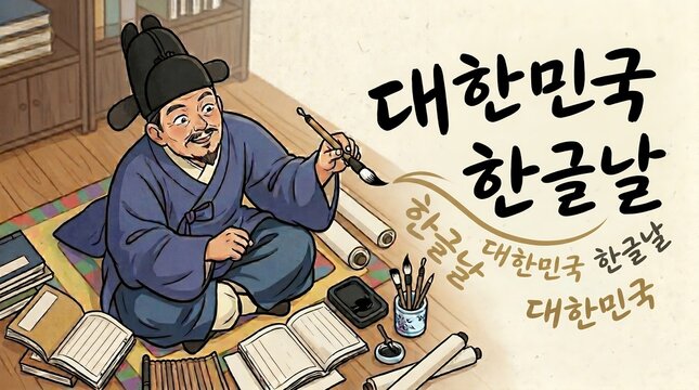 A Korean scholar in traditional attire sits cross-legged with calligraphy tools, creating Han'gul script on a scroll, celebrating Korea's writing system.