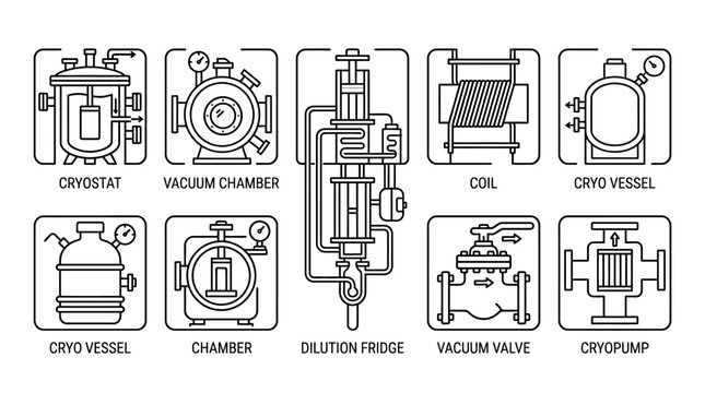 Cryogenic hardware vector icons: cryostat, vacuum chamber, coil, cryo vessel, chamber, dilution fridge, vacuum valve, and cryopump outline illustrations.