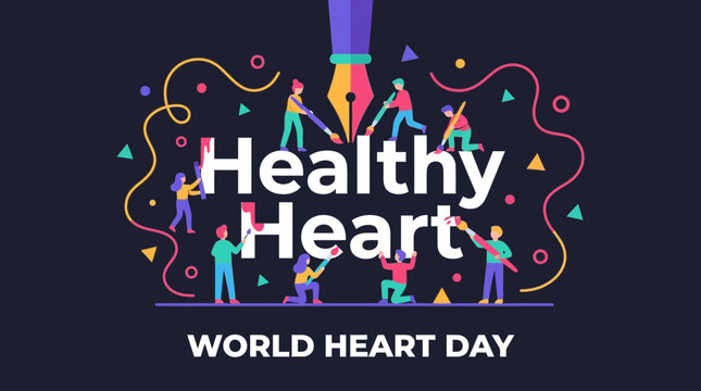 World Heart Day Healthy Heart Concept Illustration with Tiny People Painting