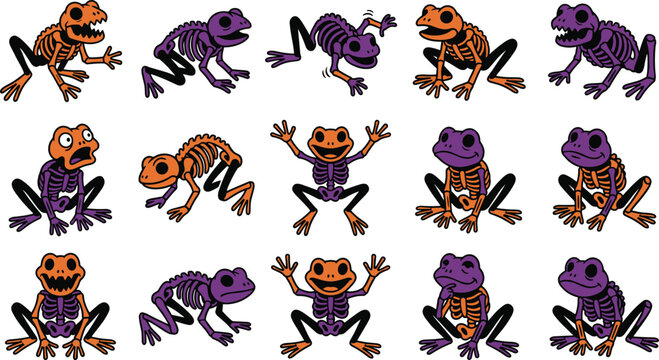 Halloween frog skeleton vector set with cute purple orange and black spooky amphibian bones isolated on white background