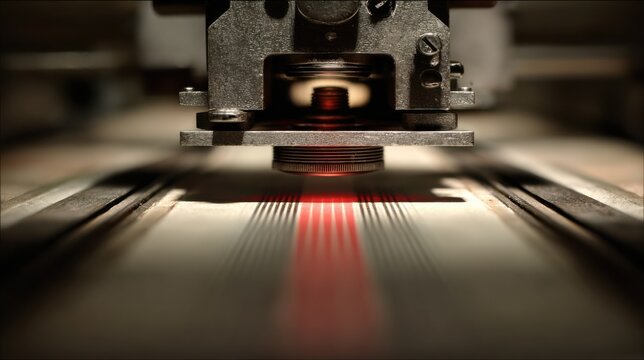 Medium shot focusing on an illuminated enlarger lens casting shadows on a test strip below highlighted by the red safelight while trays and drying lines fade into the blurred