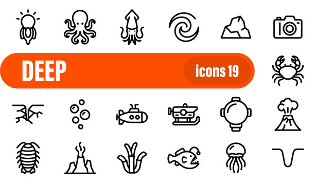 Deep Sea, Ocean Exploration and Marine Life Line Icon Set