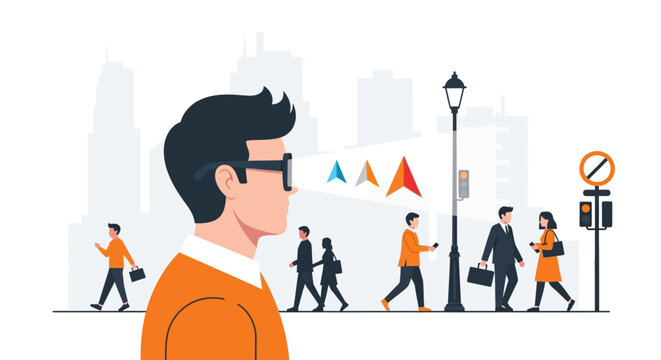 Augmented Reality Navigation Concept with Man Wearing AR Smart Glasses in Busy City Street Flat Vector Illustration