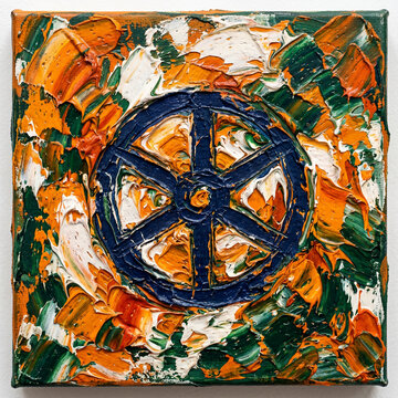 Abstract Textured Painting: Blue Wheel Symbol on Orange and Green Background