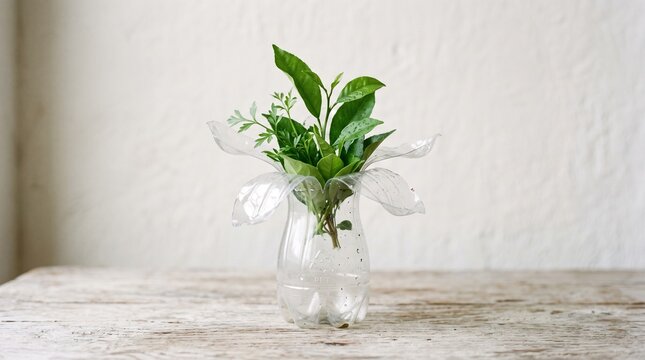Recycled plastic bottle opening like a flower with leaves emerging from inside, symbolizing transformation and environmental renewal, creative eco concept, minimalist photography