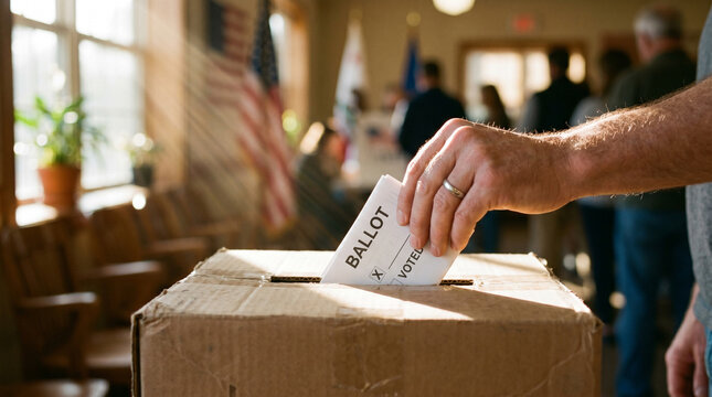 Man casting ballot into voting box at polling station, voting concept