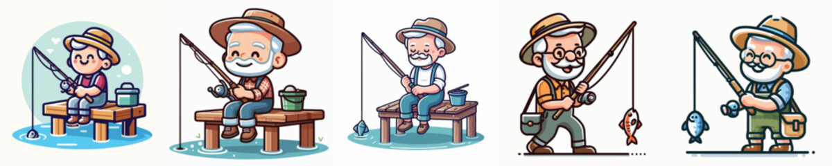 Fototapeta premium Vector set of a grandpa fishing