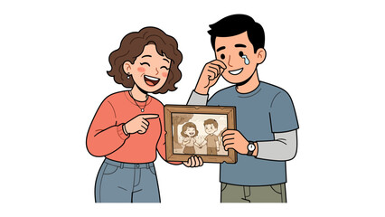 Happy Memory, Sad Present: A couple looks at an old photograph, the woman laughing joyfully while the man sheds tears.