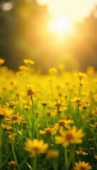 Fototapeta premium Sun-drenched field of vibrant yellow wildflowers bathed in golden light, conveying serenity and spiritual purity A scene of natural holiness , beauty, flora