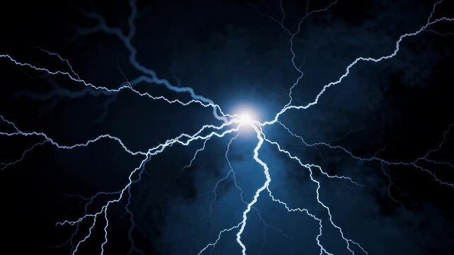 Powerful bright lightning bolt striking through dark stormy sky with electric energy